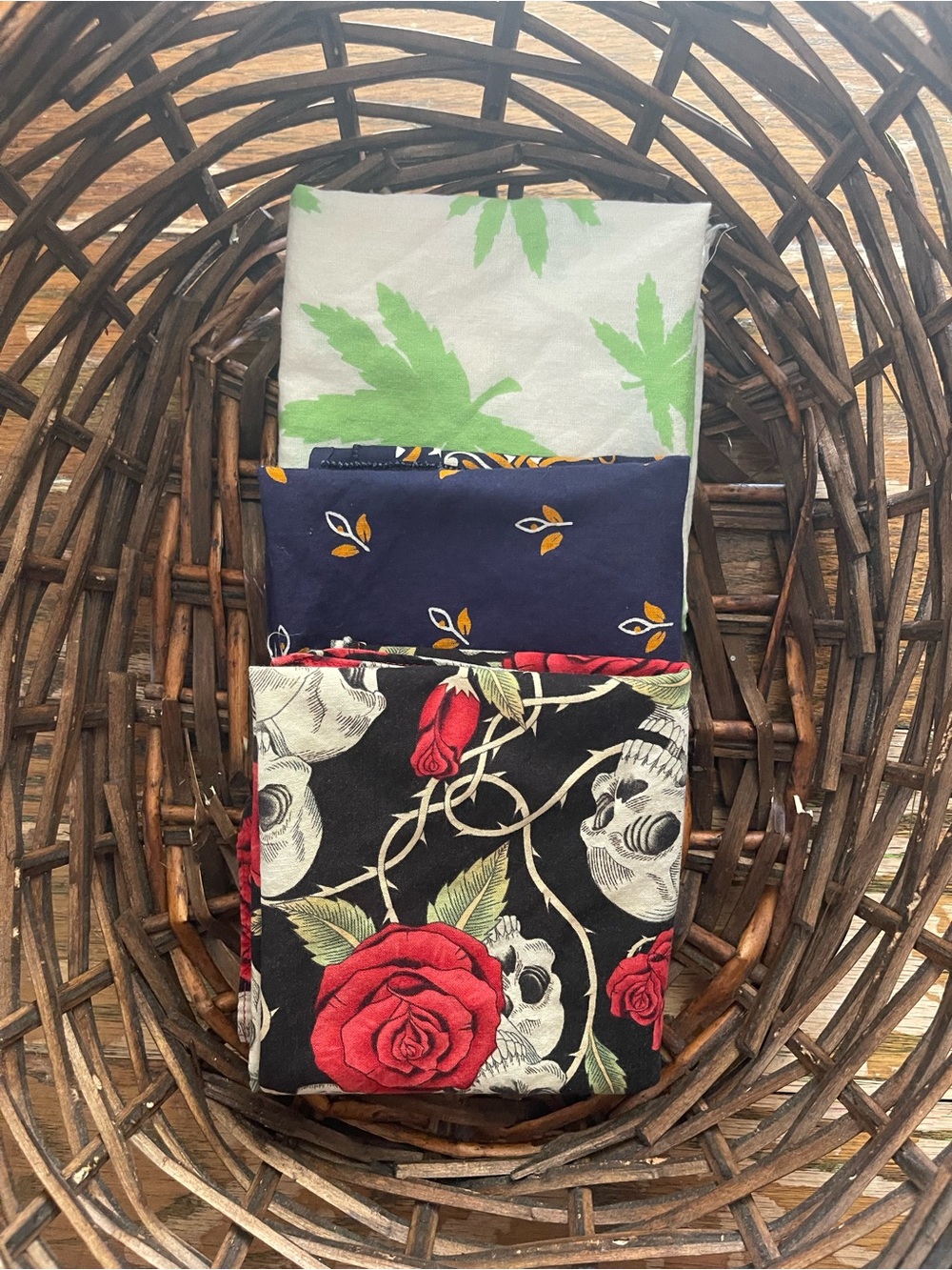 Set of 3 Printed Bandanas - Green Leaf, Navy Sprig, Black Rose & Skull